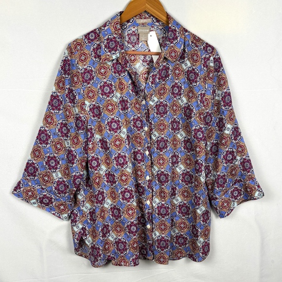 Chico's 3/4 Sleeve Linen Button Tunic Shirt No-Iron Sz 3/XL/16 Breathable Office - Picture 1 of 8